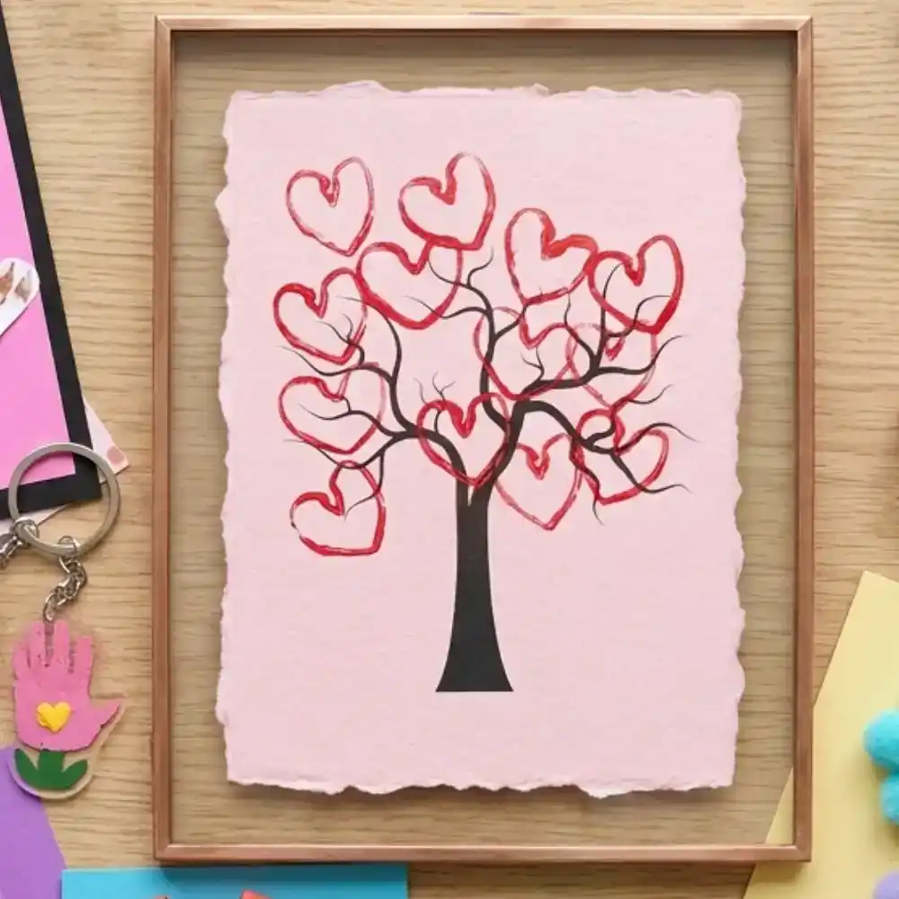A framed Mother's Day keepsake featuring a black-painted tree on textured pink paper with red heart-shaped leaves stamped using a cardboard tube.