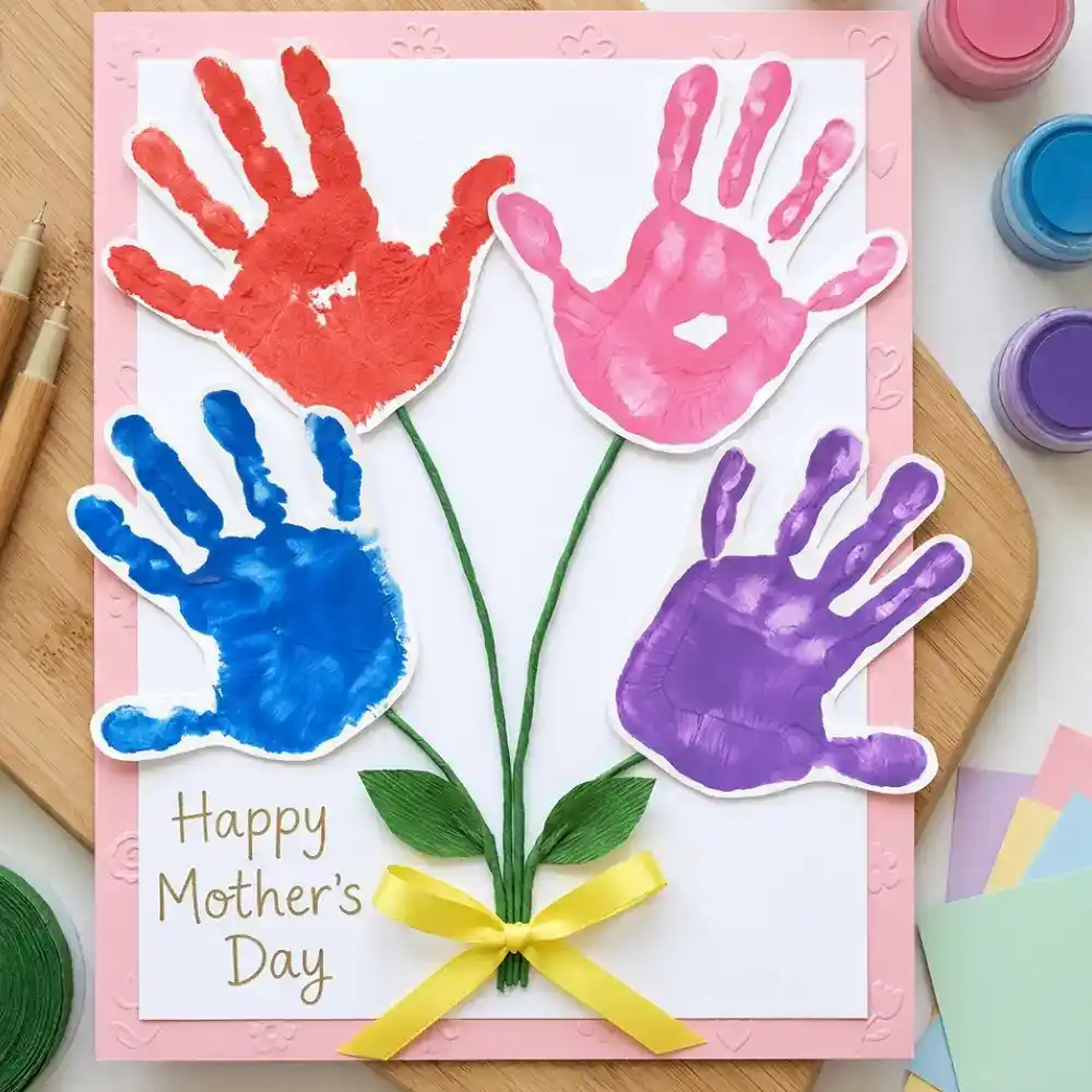 A colorful Mother's Day card with four different colored painted handprints acting as flower blossoms on green painted stems, tied with a yellow ribbon.