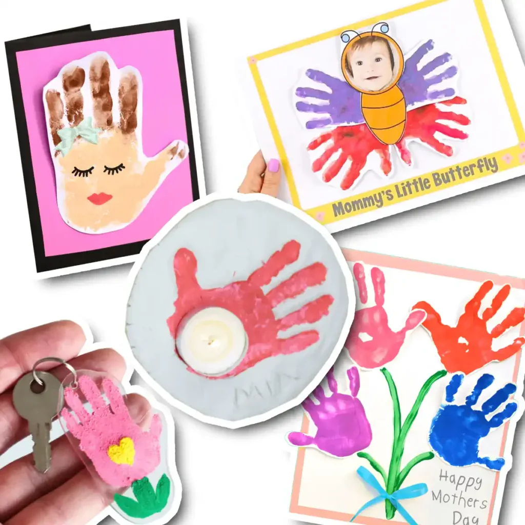 A collage of five sentimental Mother's Day handprint and footprint keepsake crafts: a handprint flower bouquet, a shrinky dink handprint keychain, a handprint mom portrait, a butterfly handprint card, and a salt dough handprint heart.