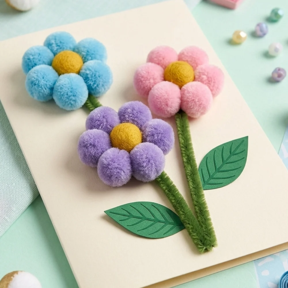 A yellow card featuring three 3D flowers made from blue, pink, and purple pompoms with yellow centers and green pipe-cleaner stems.