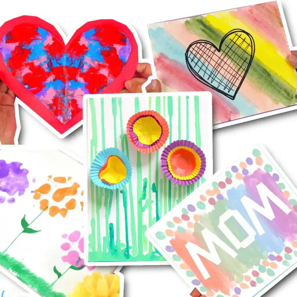 A collage of five process art Mother's Day gifts: colorful drip painting flowers, a sponge-painted garden scene, a heart symmetry painting, tin foil transfer art, and a tape resist heart card.