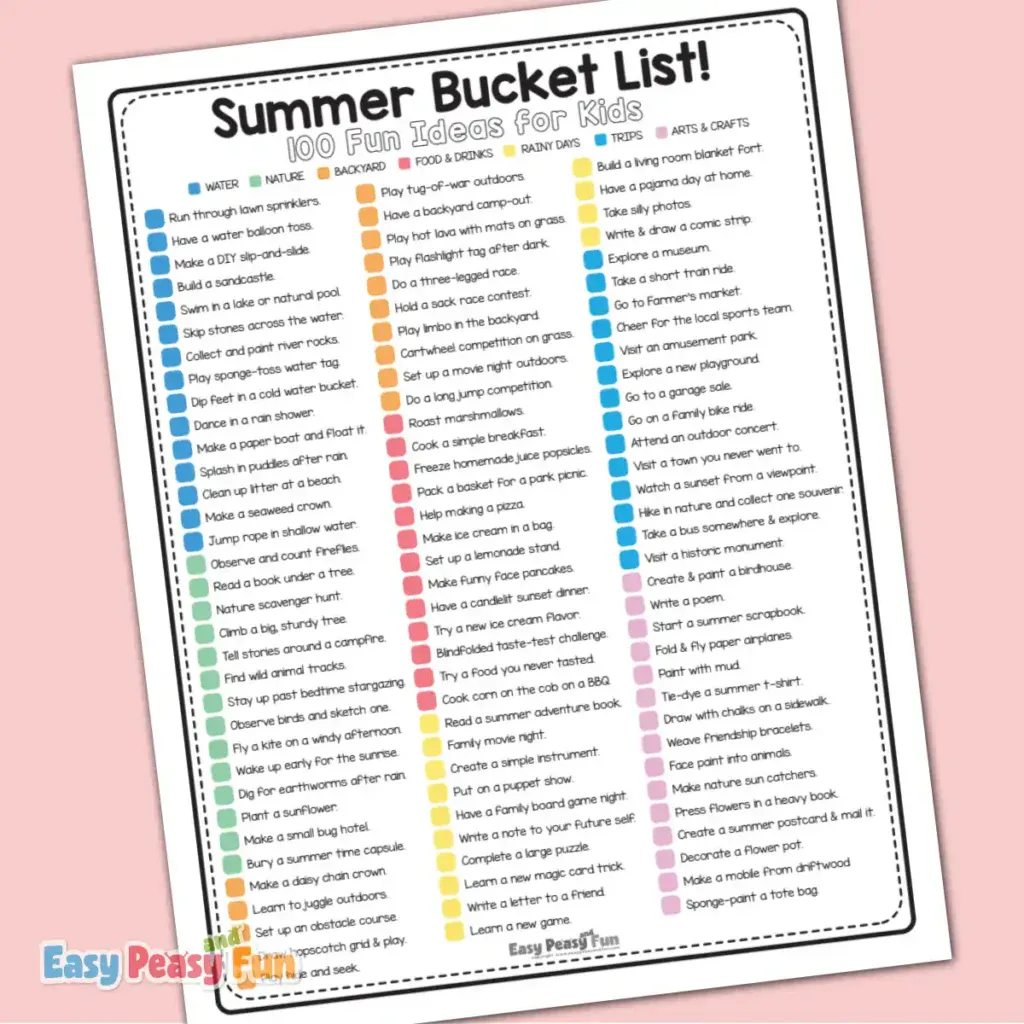 A highly detailed 100-item summer bucket list template featuring distinct columns of brightly color-coded square checkboxes for different activity types.