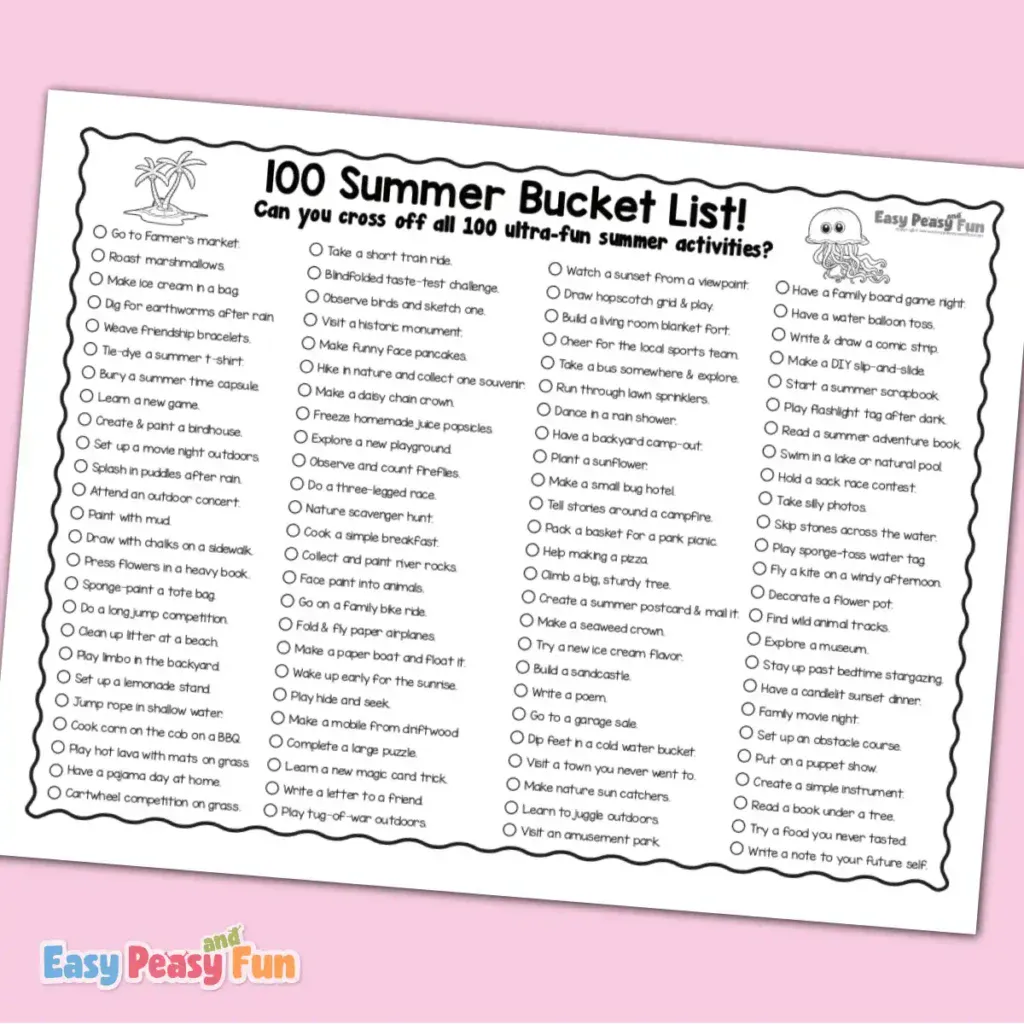 A black-and-white 100-item summer bucket list checklist filled with four long columns of text and simple line drawings of an island, a jellyfish, and circular checkboxes.
