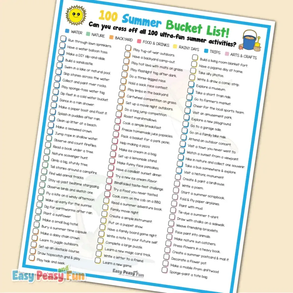 A comprehensive 100-item summer bucket list checklist featuring columns of colorful circular checkboxes under a bright title with a sand bucket and a sun illustration.