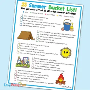 A colorful, illustrated 25-item summer bucket list organized into sections with vibrant clip art of a sand bucket, a tent, a sun, a playground, and a campfire.