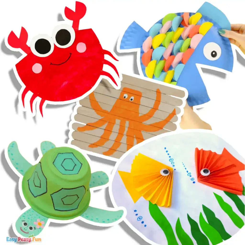 A collage of colorful ocean animal crafts designed for preschool children, featuring a paper plate crab, a paper cup turtle, an octopus craft stick puzzle, a paper plate fish, and two paper fish.