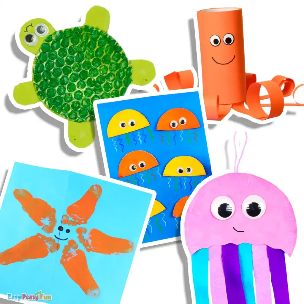 A collage of five simple, colorful ocean animal crafts designed for toddlers.