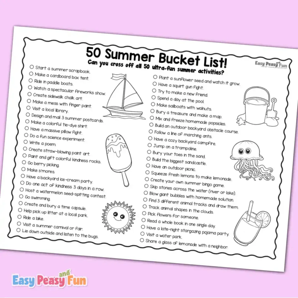 A black-and-white 50-item summer bucket list checklist featuring circular checkboxes alongside playful line illustrations of a sailboat, a popsicle, a sun, a jellyfish, a sand bucket, and a glass of juice.
