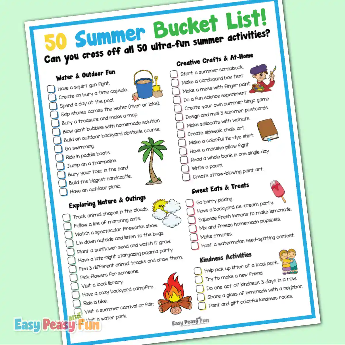 A colorful, multi-column 50-item summer bucket list worksheet featuring vibrant cartoon illustrations of a sand bucket, an artist, a palm tree, a sun, a campfire, and children.