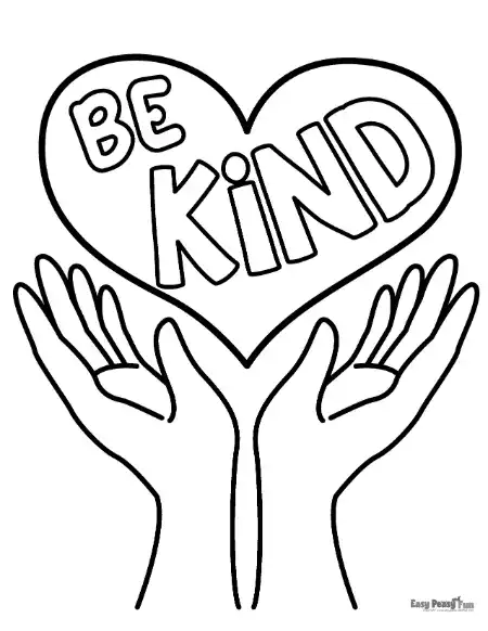 Coloring page of two hands holding a heart with the words “Be Kind.”