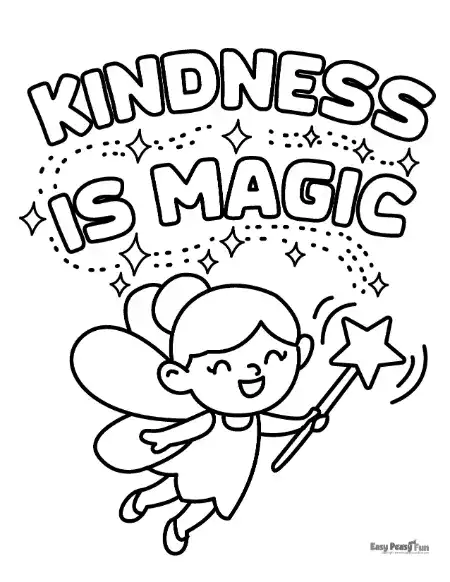 Coloring page of a smiling fairy with a wand and the words “Kindness Is Magic.”