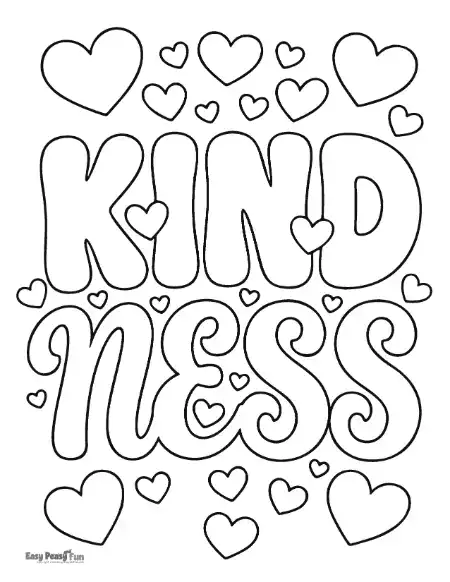 Coloring page with hearts around the words “Kindness.”
