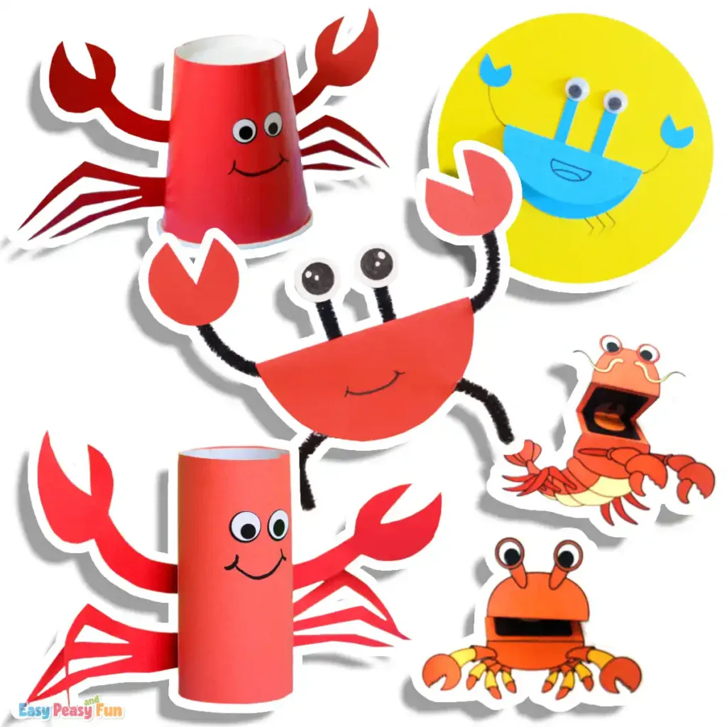 A collage of six cute lobster and crab crafts, featuring a red paper cup crab, a colorful paper circle crab, a pipe cleaner paper crab, a printable lobster puppet, a toilet paper roll lobster, and a printable crab puppet.
