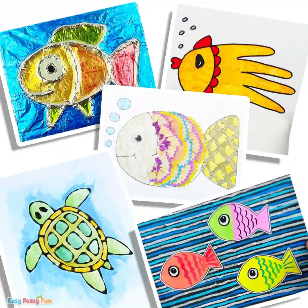 A collage of cute ocean animal art projects, featuring a tin foil fish, handprint fish art, pencil shaving fish art, turtle black glue resist art, and a colorful fish project.