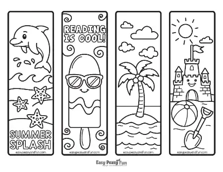 Four summer bookmarks featuring a dolphin, a popsicle, a tropical island, and a beach sandcastle.