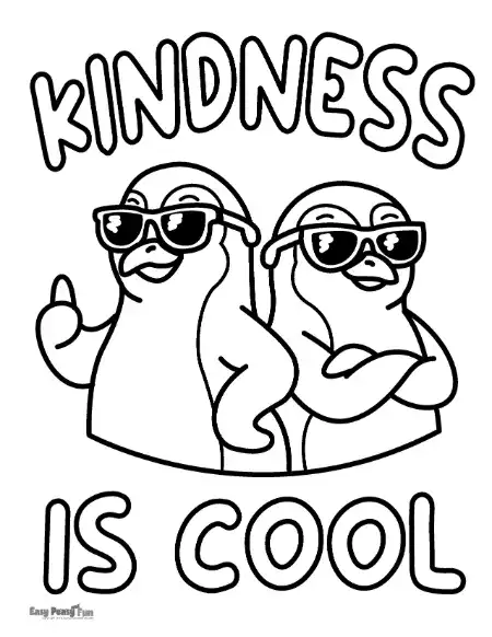 Coloring page of two cool penguins wearing sunglasses with the words “Kindness Is Cool.”