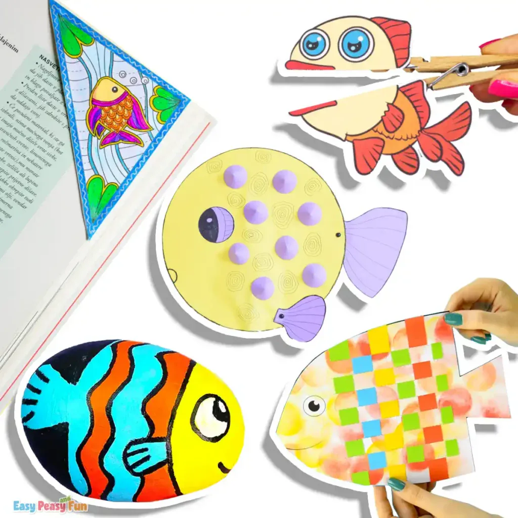 A collage of five fish crafts to make, featuring painted fish rocks, a fish clothespin puppet, a corner bookmark fish, a paper weaving fish, and a silly puffer fish craft.