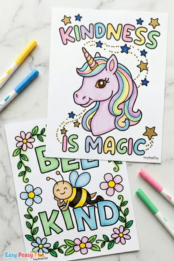 Colored kindness coloring pages featuring an unicorn and a bee with kindness captions.