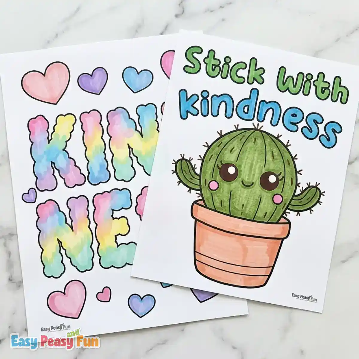 Colored kindness coloring pages featuring a cactus and caption "kindness" for kids.