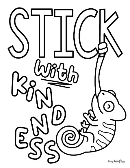 Coloring page of a chameleon hanging from the word “Stick” with the phrase “Stick with Kindness.”