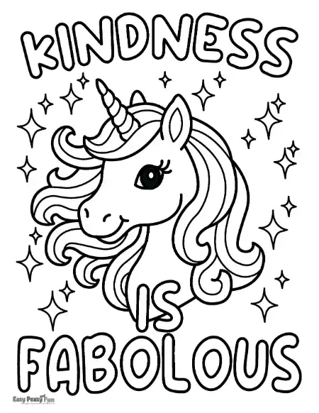 Coloring page of a unicorn with stars and the words “Kindness Is Fabulous.”