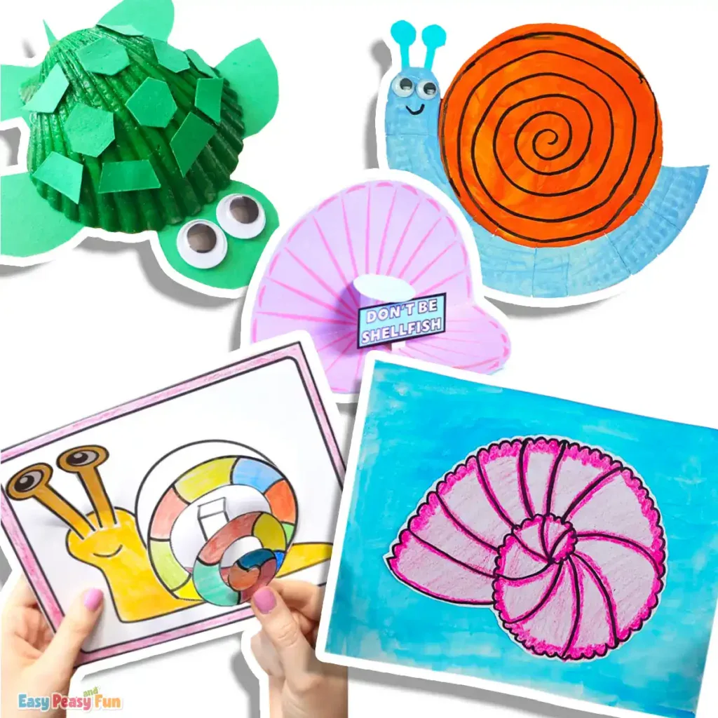 A collage of five fun clam shell and sea snail projects for kids, featuring chalk and watercolor shell art, a paper plate sea snail, a seashell pop-up paper craft, a seashell turtle craft, and a printable sea snail craft.