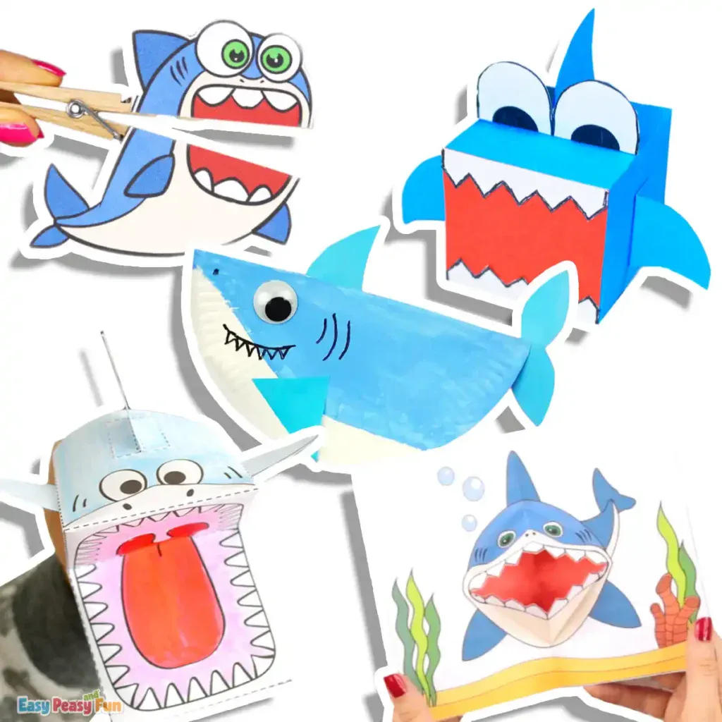 A collage of five fun shark craft ideas, featuring a shark clothespin puppet, a shark paper puppet, a shark paper toy, a shark pop-up card, and a paper plate shark.
