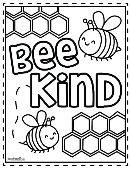 Two smiling bees with honeycomb shapes and the words ‘Bee Kind.