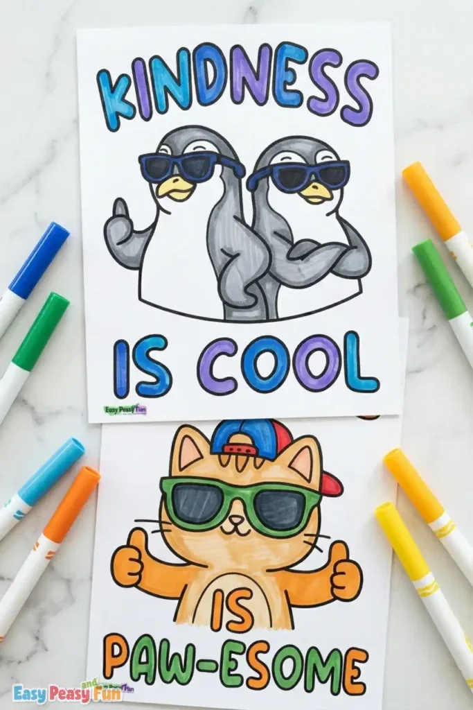 Kindness coloring pages being colored with markers.
