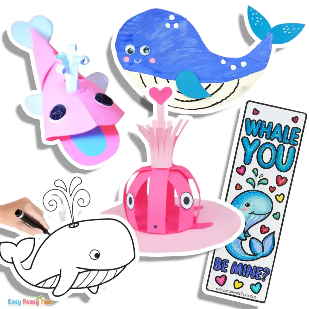 A collage of five whale craft ideas, featuring a paper plate whale, a how-to-draw whale tutorial, a 3D standing paper whale, a printable whale bookmark, and a cute paper whale.