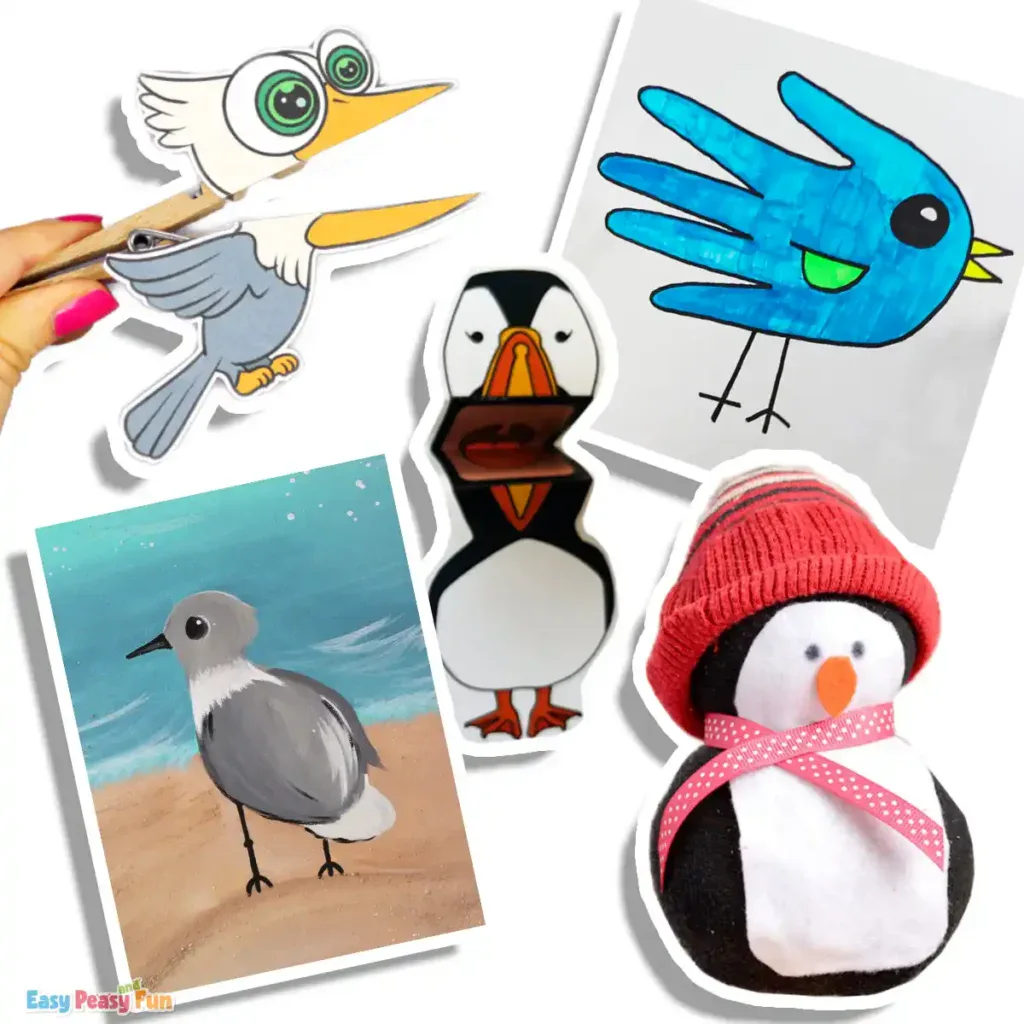 A collage of five ocean waterbirds craft and art ideas, featuring a seagulls canvas painting, a printable puffin finger puppet, a no-sew sock penguin, a seagull clothespin puppet, and a seabird handprint art project.