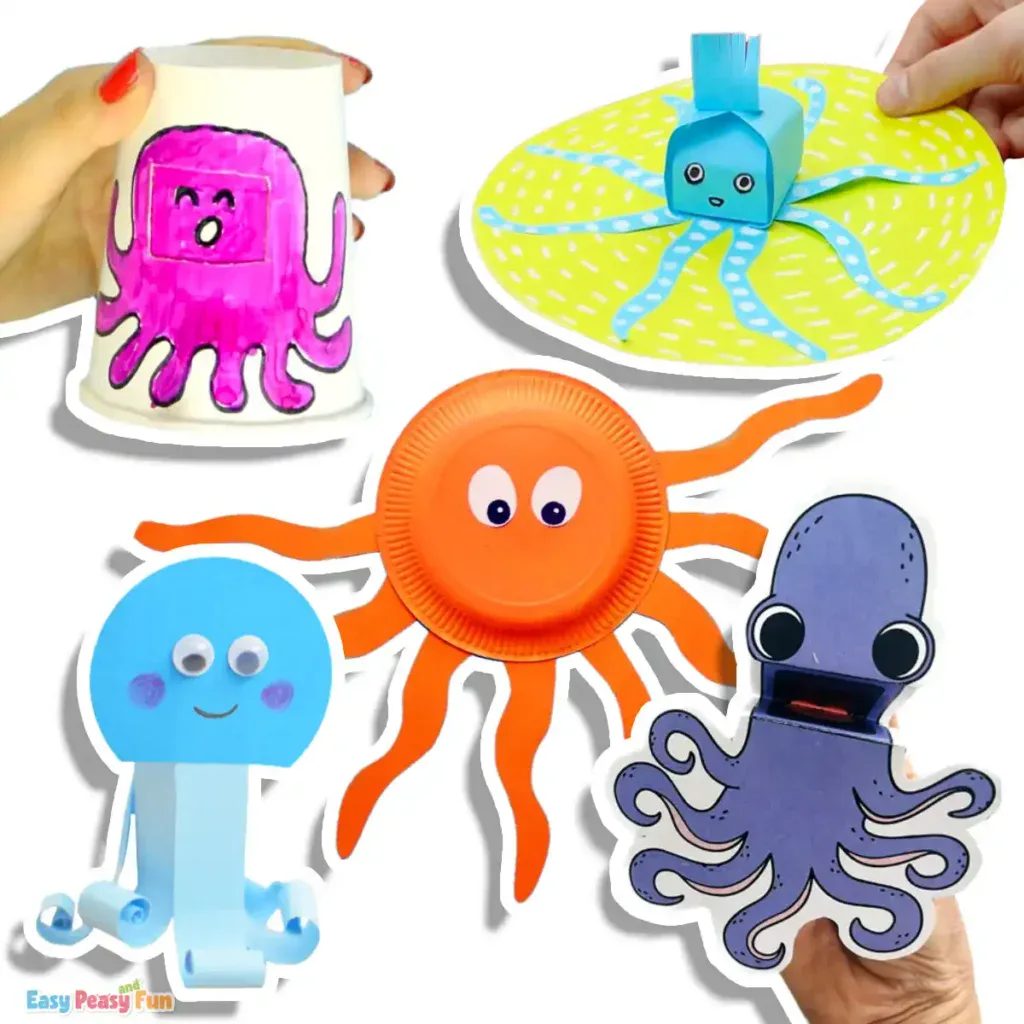 A collage of five octopus DIY projects, featuring an easy paper plate octopus, a paper octopus, an emotion-changing octopus, an octopus finger puppet, and a 3D paper octopus.