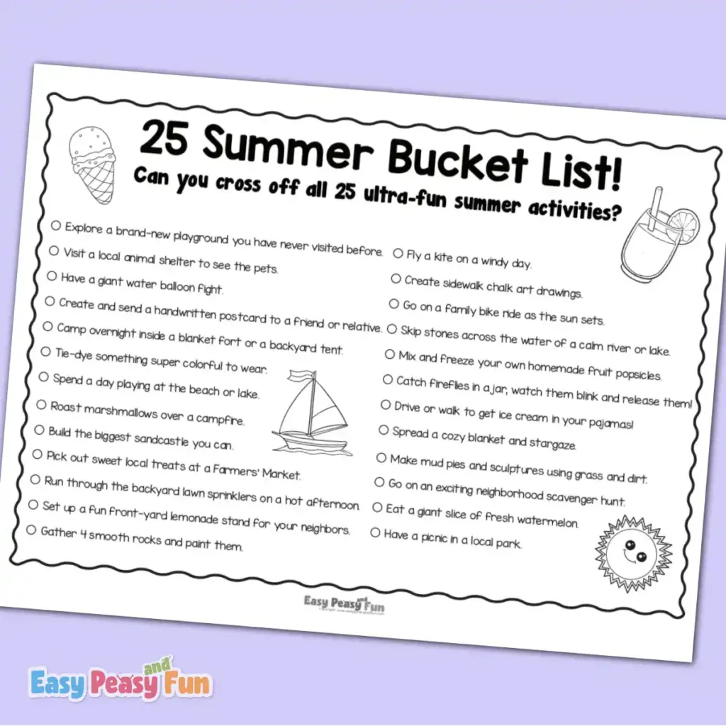 A black-and-white 25-item summer bucket list checklist featuring minimal line art of an ice cream cone, a sailboat, a glass of juice, and a smiling sun.