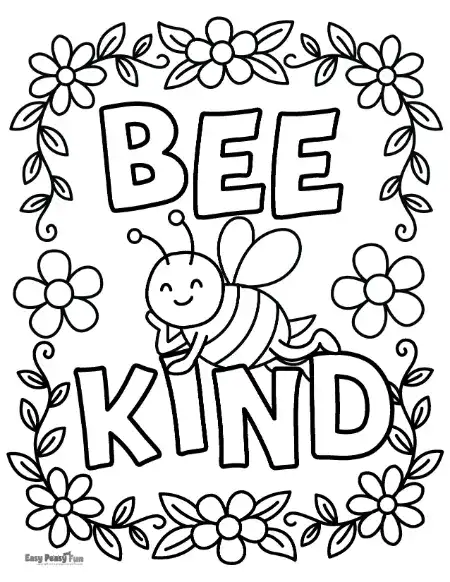 Kindness coloring page with a bee and a caption "Bee kind".