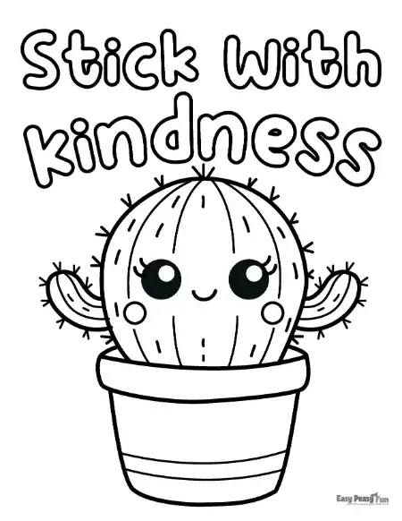 Stick with kindness coloring page featuring a cactus in a pot to color.