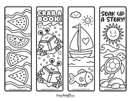Four summer-themed bookmarks showing watermelon slices, a crab reading a book, a sailboat with a fish, and a smiling sun with a turtle.