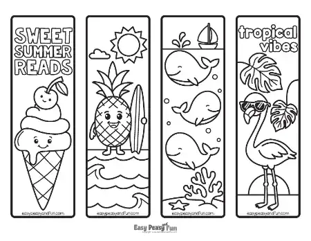 Four summer-themed bookmarks showing an ice cream cone, a pineapple at the beach, smiling whales underwater, and a flamingo with tropical leaves.