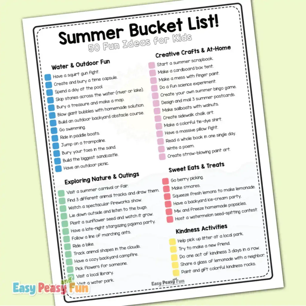 A clean, multi-column 50-item summer bucket list checklist with color-coded square checkboxes separating activities into themed categories.