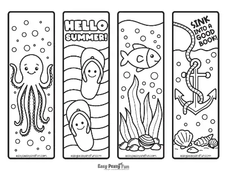 Four summer-themed bookmarks showing a smiling octopus, two flip-flops with “Hello Summer!”, a fish swimming underwater, and an anchor with the words “Sink Into a Good Book!”.
