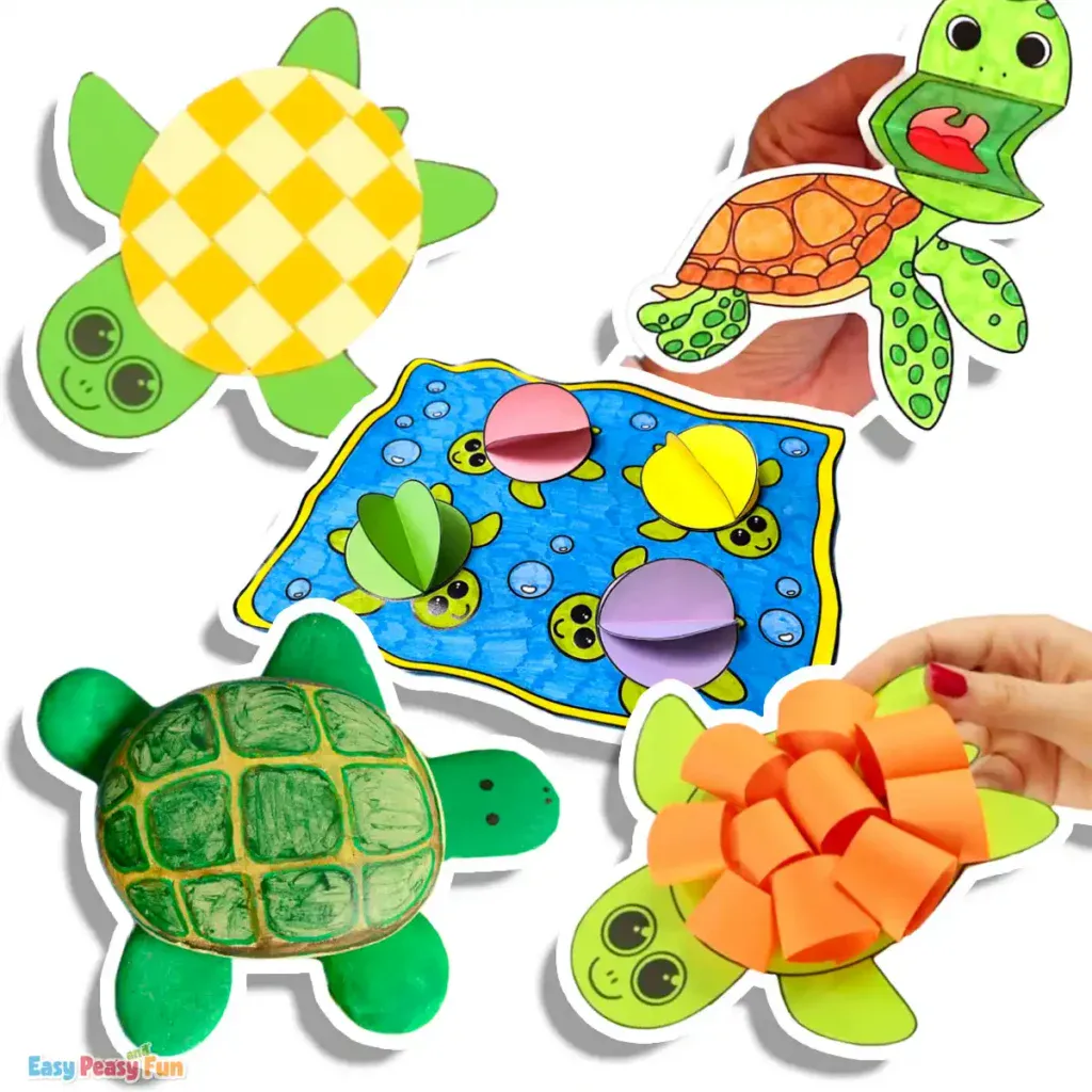 A collage of five sea turtle crafts for kids, featuring a paper loops turtle, a 3D paper turtle, a rock turtle, a printable turtle finger puppet, and a woven paper turtle.