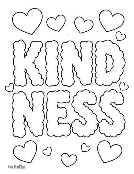 Super easy kindness coloring page with big caption saying "Kindness".