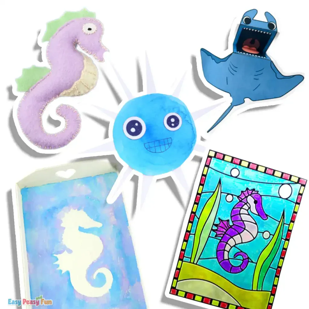 Five ocean animal crafts, featuring a faux stained glass seahorse suncatcher, a printable stingray puppet, a stenciled seahorse wooden tray, a watercolor sea urchin craft, and a hand-sewn felt seahorse.