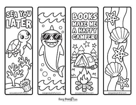 Four summer-themed bookmarks showing a sea turtle underwater, a shark wearing sunglasses, a camping scene with a campfire, and seashells with starfish.