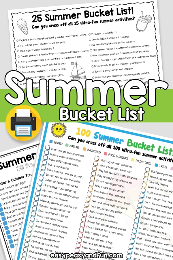 Printable summer bucket list set with 25, 50 and 100 items.