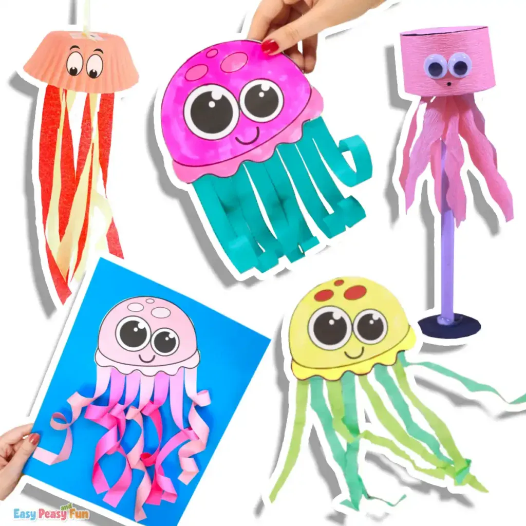 A collage of five fun jellyfish craft ideas, featuring a hanging cupcake liner jellyfish, a swirly paper strip jellyfish, a crepe paper jellyfish, a jellyfish scissor skills craft, and a tissue paper jellyfish.