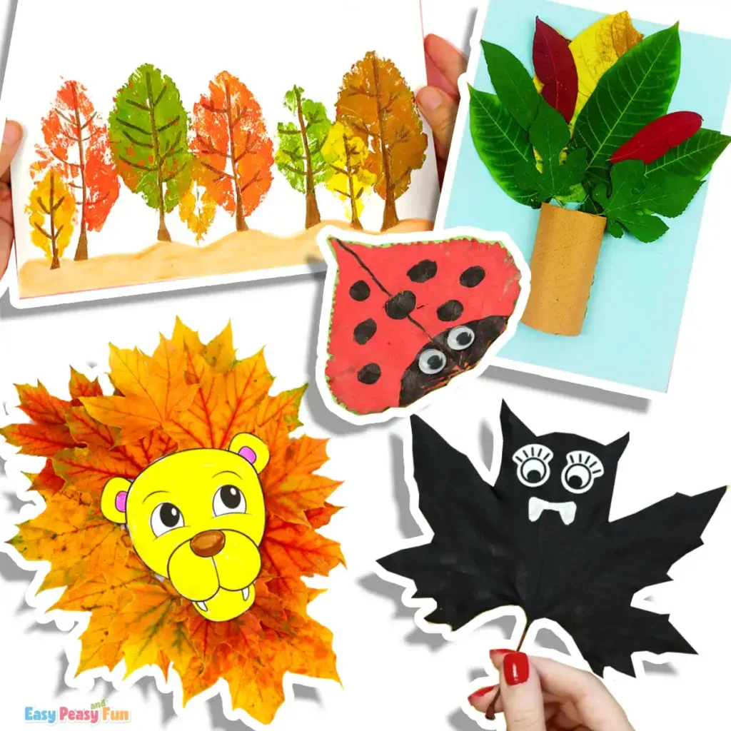 A collage of leaf crafts including stamped leaf trees, a leaf ladybug, a lion with a leaf mane, a black leaf bat, and a cardboard tube leaf bouquet.
