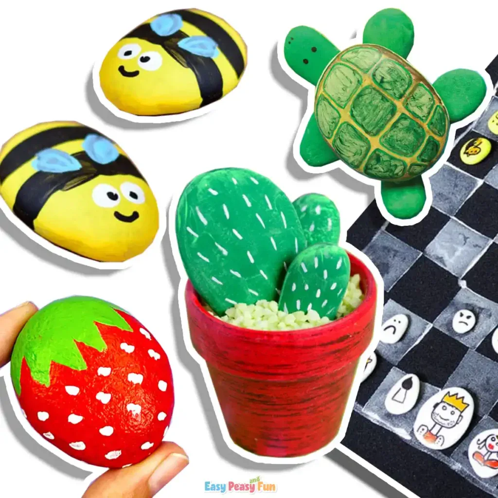 Assorted painted rock projects featuring a bumblebee, a turtle, a strawberry, a cactus in a small pot, and stone game pieces.