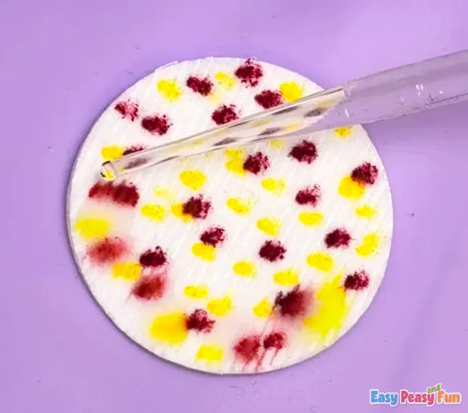 A clear plastic pipette is positioned above the pad, releasing a droplet of water onto one of the marked spots.