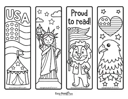 A black-and-white bookmark coloring template featuring the Statue of Liberty, a patriotic lion, an eagle, and a circus tent under the word "USA."