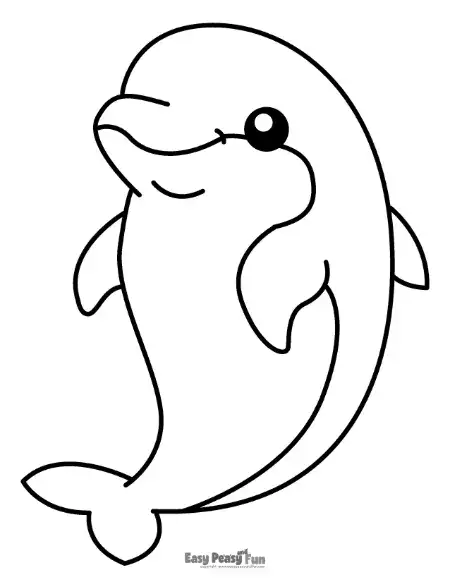 A bold, simple vector drawing of a friendly dolphin jumping, featuring smooth outlines and a large, cheerful eye.